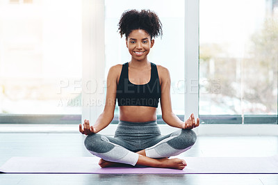Buy stock photo Portrait, yoga and home with woman, training and exercise with wellness, sunshine and fitness. Face, person and girl with peace, body care or breathing with progress, zen and chakra with smile or joy