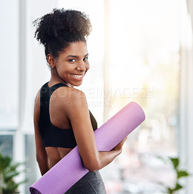 Buy stock photo Black woman, smile and pilates or yoga mat in portrait ready for health, wellness or exercise and workout. Female person, happy and excited in gym class for cardio, fitness and training or holistic
