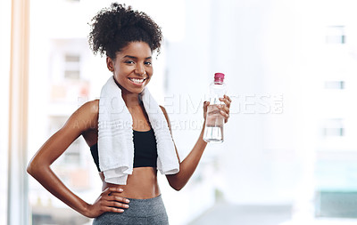 Buy stock photo Happy, black woman and fitness with water and towel after cardio training or practice for wellness. Young, female person and athlete with smile and bottle after workout or exercise for hydration