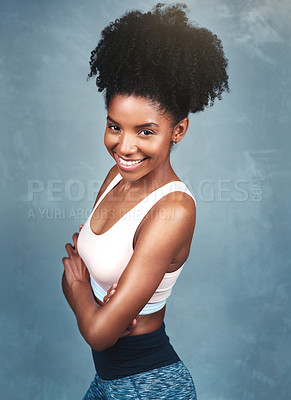 Buy stock photo Studio, fitness and portrait of woman with arms crossed for workout, confidence and healthy body. Sports, athlete and face of person with pride for training, exercise and wellness on blue background