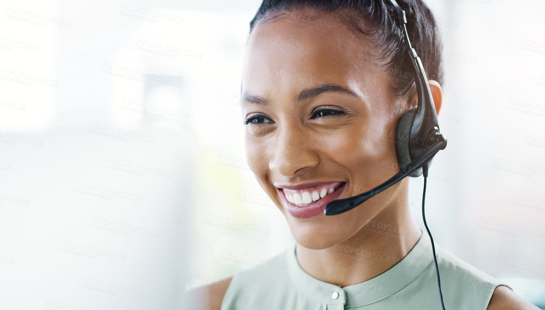 Buy stock photo Woman, face and callcenter with headset and phone call, CRM and happy consultant, contact us and mockup space. Customer service, telemarketing and female agent on help desk, tech support and smile