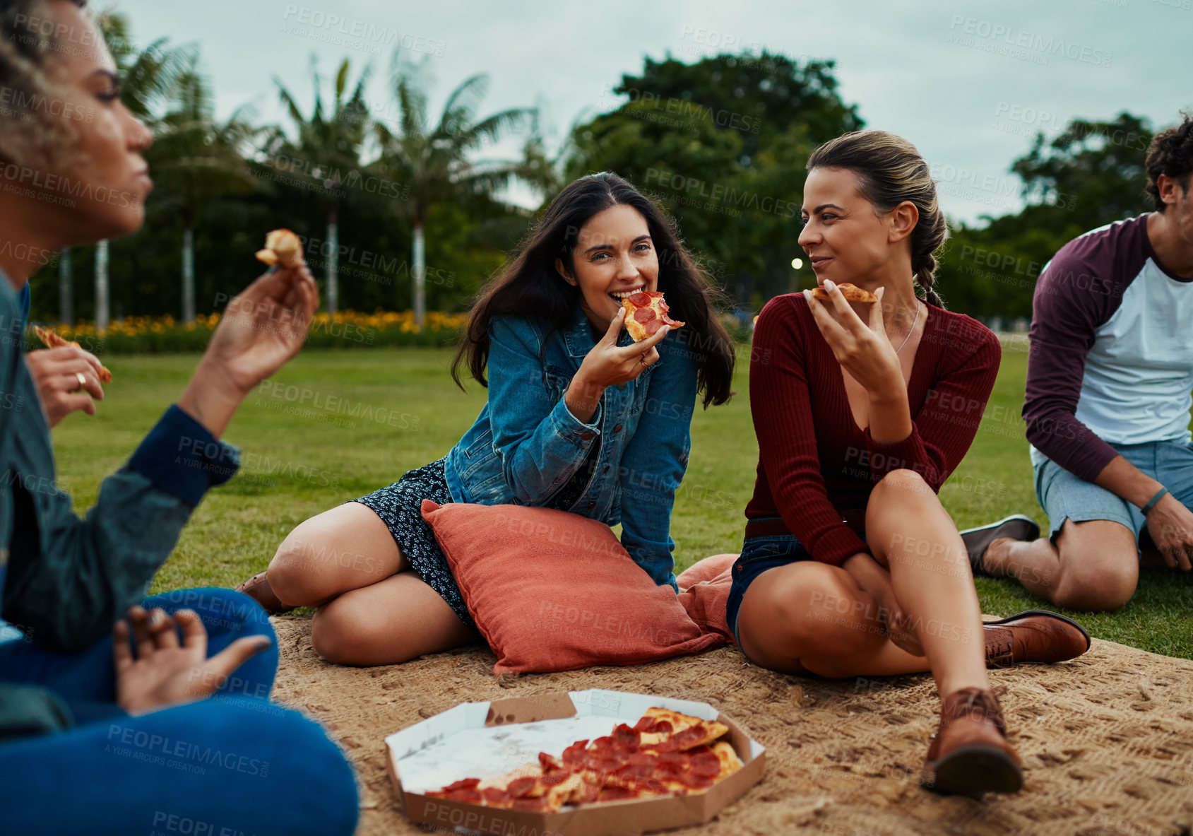 Buy stock photo Cropped shot of a group of young friends having pizza together during a picnic in a park