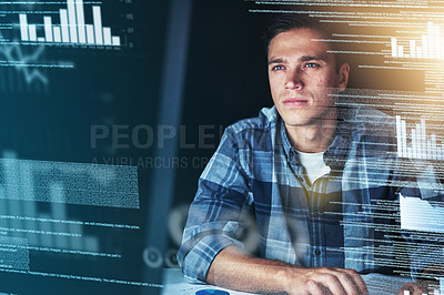 Buy stock photo Code, hologram and man with cloud, programming or database with charts, graphs or cyber security. Male person, employee or programmer with digital software, connection or holographic with information