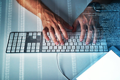 Buy stock photo High angle closeup of a male programmer typing on a keyboard in the office at work