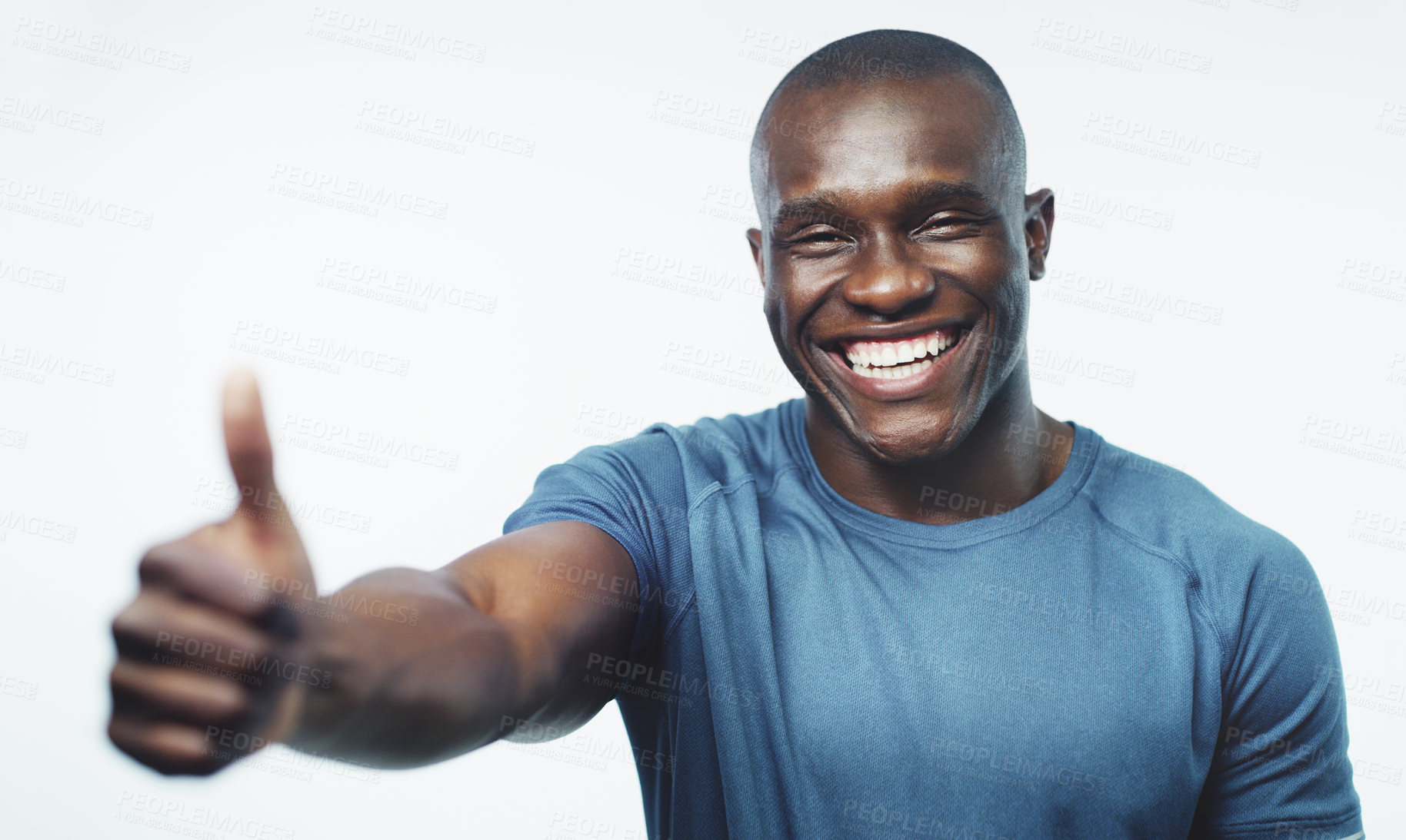 Buy stock photo Thumbs up, fitness and portrait of black man on a white background for training, workout and exercise. Sports, emoji and happy person trainer for gym promotion, subscription and wellness in studio