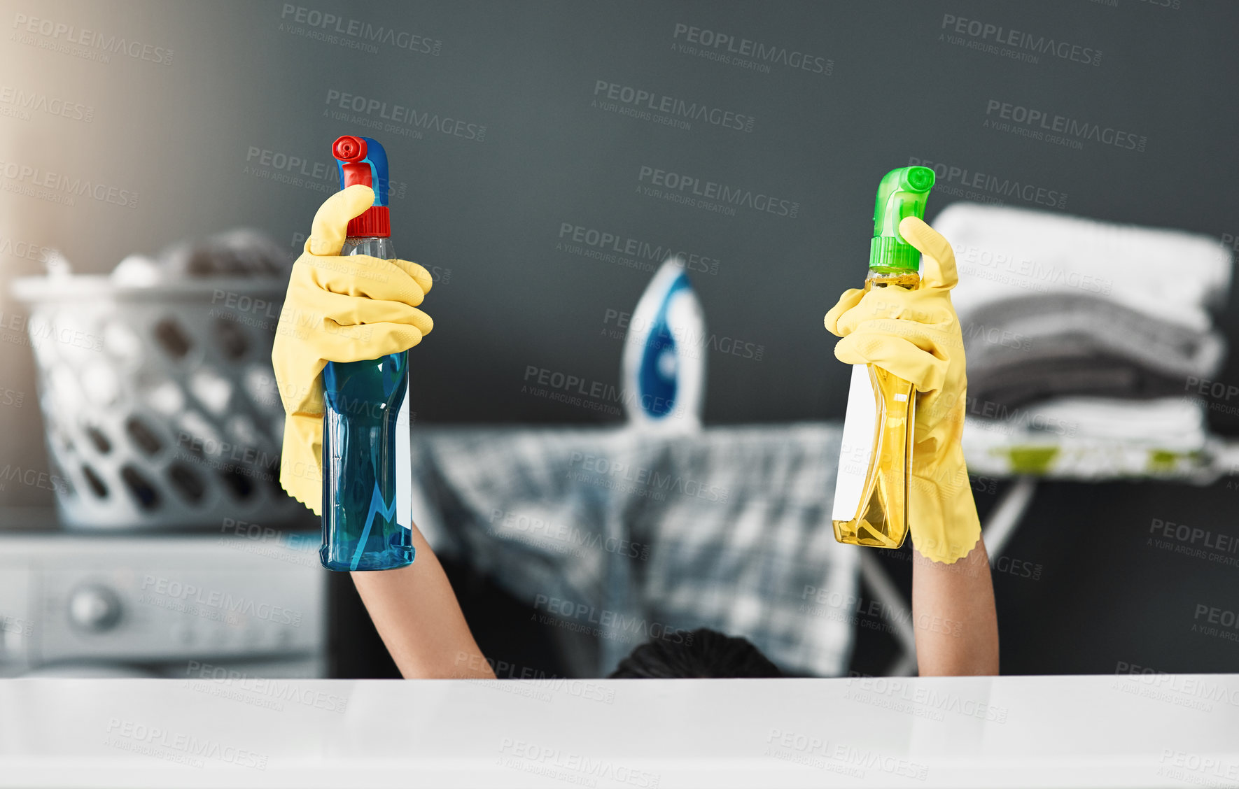 Buy stock photo Person, hands and spray detergent for house cleaning for disinfect, hygiene and safety from germs risk. Cleaner, supplies and chemical product for virus, dust and gloves of maintenance shine at home
