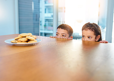 Buy stock photo Home, siblings and kids stealing cookies, naughty and bored with sugar treat and hungry. Apartment, girl and boy in kitchen, fun and brother with sister, game and bonding together with biscuits