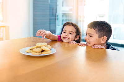 Buy stock photo Steal, girl and boy in kitchen, cookies and siblings together, brother and sister in morning or hungry. House, kid and cute child for bonding or biscuits on table, plate and dessert in weekend
