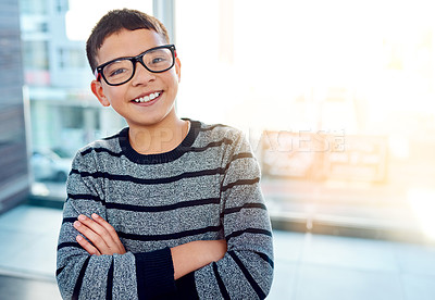 Buy stock photo Happy, boy kid and arms crossed with glasses for eye care and optometry at home with lens flare. Smile, young male child and prescription spectacles or frame in portrait for sight and development