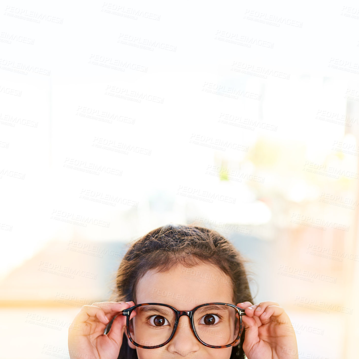Buy stock photo Child, portrait and glasses for optometry with eyes, vision and eye care with copy space. Young girl, specs and cute at home for wellness, eyewear and optical lenses for development and growth 