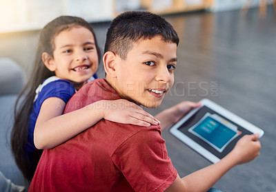 Buy stock photo Tablet, kids and portrait with siblings on couch, online and esports for entertainment. Technology, streaming and smile for play on internet in lounge, gaming and digital or mobile app on touchscreen