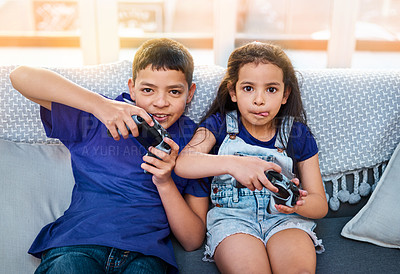 Buy stock photo Console, portrait of children playing video games and on sofa in living room. Bonding time or happiness, technology and fun with kids or siblings with wireless remote controls on couch at their home