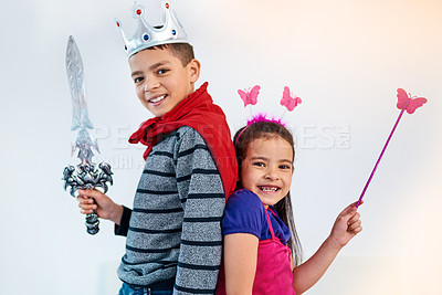 Buy stock photo Dress up, playing and portrait of children in costume for sibling bonding, relax and fun together. Family, happy and girl and boy for childhood, youth and playful on holiday, weekend and vacation