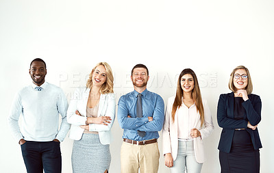 Buy stock photo Group, portrait and business people with arms crossed by white wall background mockup space in office. Face, confident smile and employees standing together with teamwork, diversity and collaboration