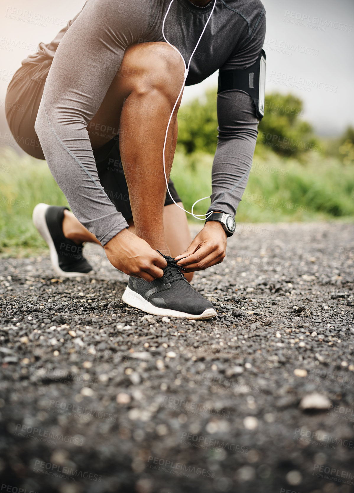 Buy stock photo Person, hands and shoelace with fitness or running for exercise, health and wellbeing in outdoor. Road, sneakers and committed on workout or jog in morning for training, wellness and self care