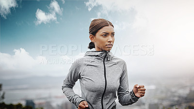 Buy stock photo Fitness, runner and Indian woman with exercise, training and focus for wellness, balance and cardio. Female person, lady and athlete outdoor, run and practice for marathon, energy and workout goal