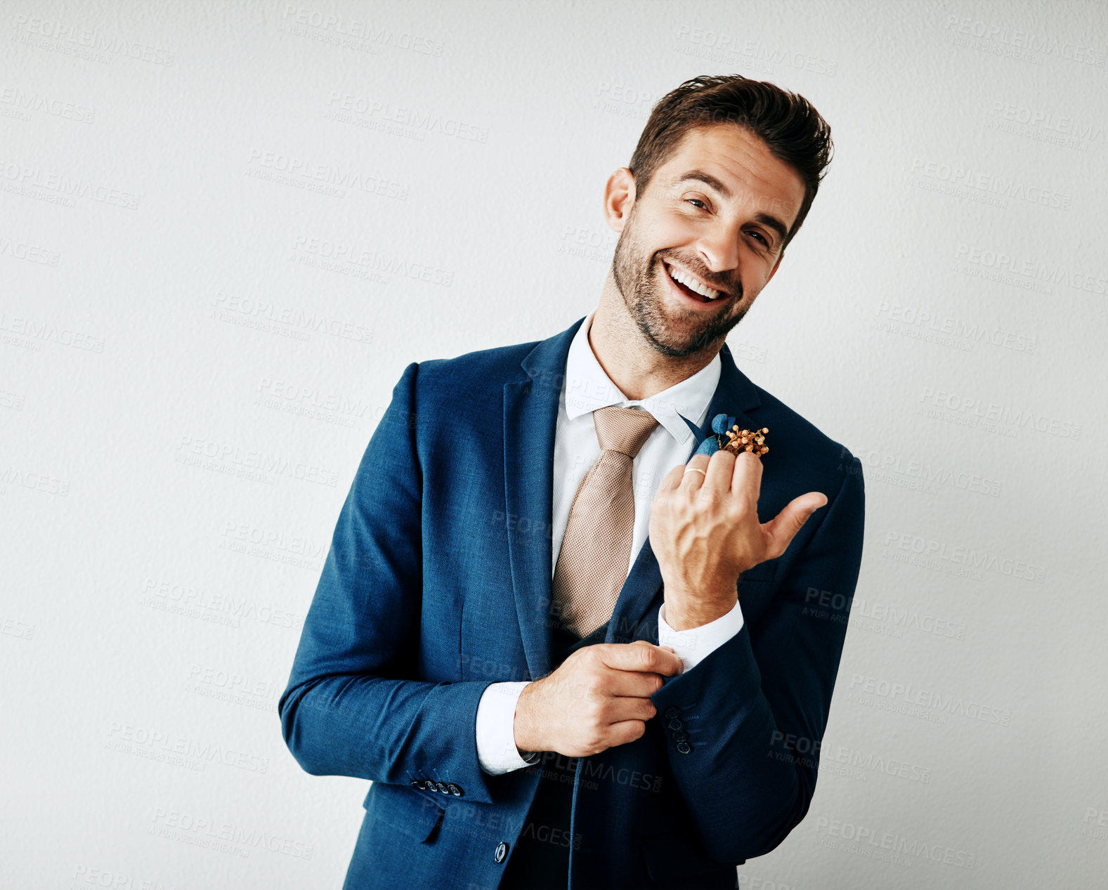 Buy stock photo Portrait, excited or happy man in suit for wedding event, marriage ceremony or laugh in fashion studio. Face, smile or groom in classy formal clothes to prepare for party on white background in Spain