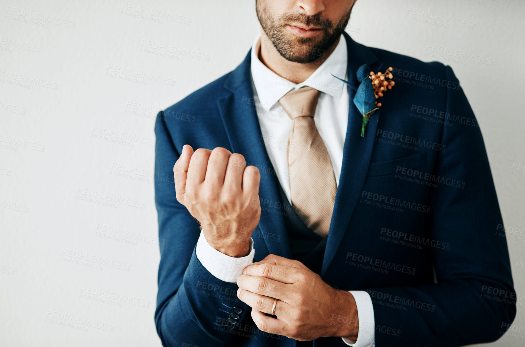 Buy stock photo Cropped studio shot of a stylish young groom against a gray background