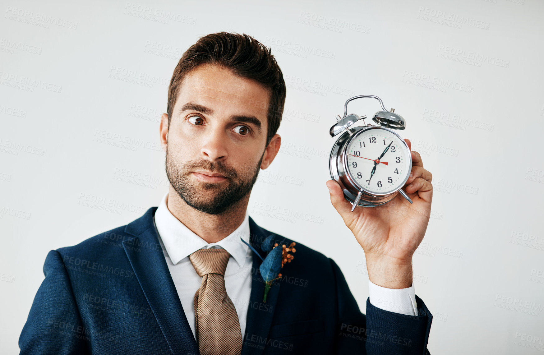 Buy stock photo Stress, groom and man with clock, wedding and anxiety for big day on gray studio background. Person, model and guy with time management, nervous and late with marriage, shocked and relationship