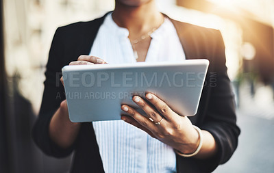 Buy stock photo Morning, business woman and tablet in city for travel, social media or networking on street sidewalk. Lens flare, outdoor and hands of person for journey, online browsing or commute in urban town