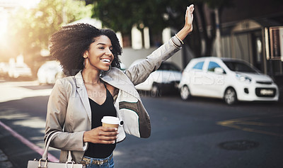 Buy stock photo Business woman, travel and hands for taxi, lift or street transportation in the city outdoors. Happy female waving hand and waiting for transport, ride or pickup on road sidewalk in an urban town
