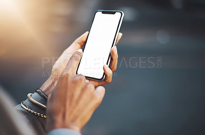 Buy stock photo Woman, hands and phone mockup screen in city for communication, social media or texting outdoors. Hand of female on mobile smartphone display for networking, advertising or travel with mock up space
