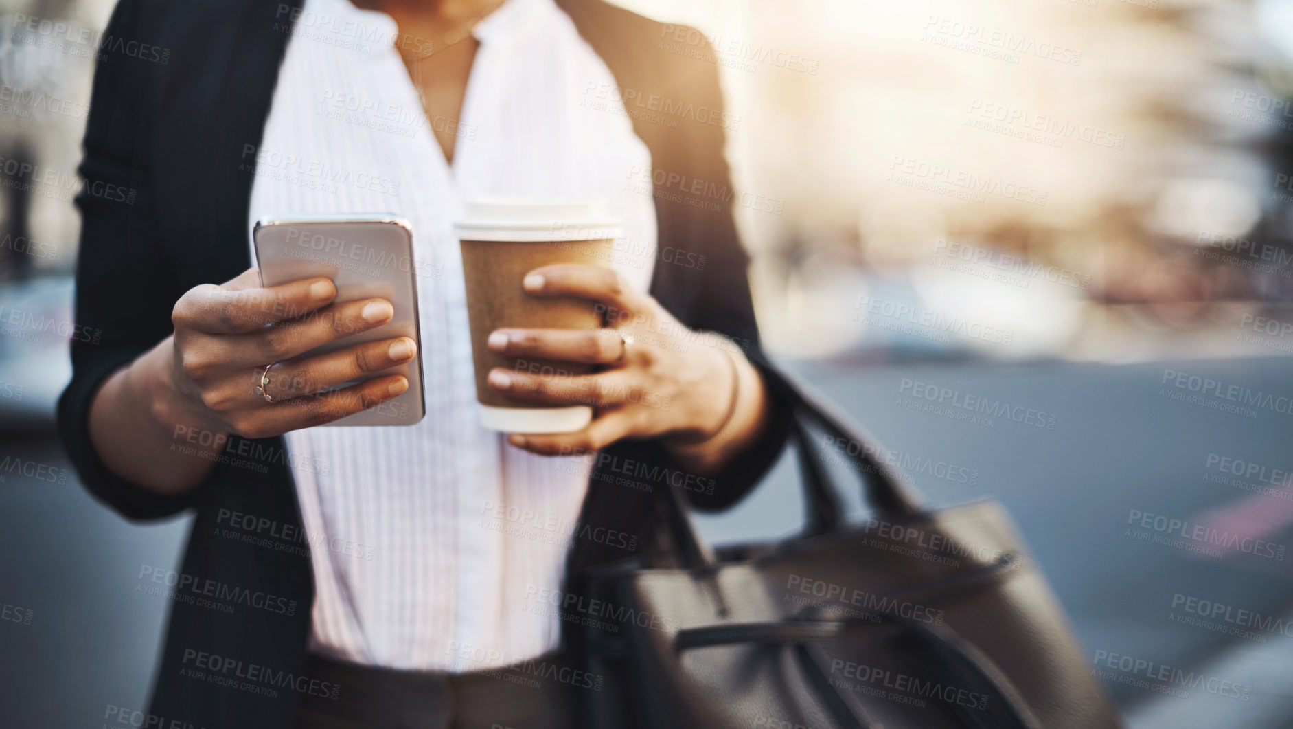 Buy stock photo Corporate woman, coffee and walking with phone in city for communication, networking and social media. Business person, latte and travel with mobile to work for email, clients and app outdoor