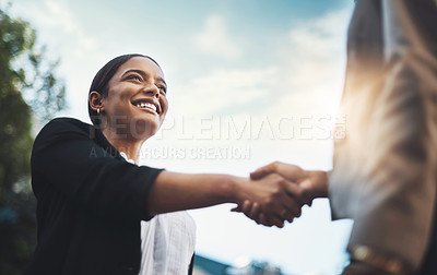 Buy stock photo Business people, handshake and meeting in city for partnership, greeting or introduction and welcome outdoors. Happy woman with smile shaking hands for b2b, collaboration or agreement in deal outside
