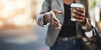 Buy stock photo Woman, handshake and meeting in city with coffee for greeting, introduction or hiring outdoors. Hand of female shaking hands for b2b, collaboration or agreement in deal or recruitment in urban town