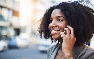 Buy stock photo Happy business woman, phone call and city for conversation, communication or networking outdoors. Female employee talking on mobile smartphone with smile for fun discussion in street of an urban town