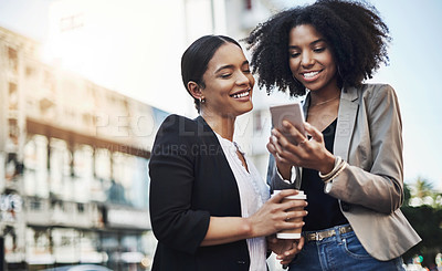 Buy stock photo Business people, phone and city for social media, communication or team collaboration outdoors. Happy woman employees or friends with smile on mobile smartphone for networking or travel in urban town