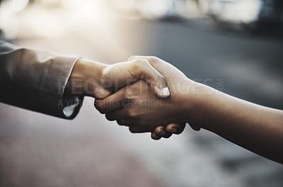 Buy stock photo Business people, handshake and meeting in city for b2b, partnership or introduction and greeting outdoors. Hand of employees shaking hands for team collaboration, agreement or deal for hiring in town