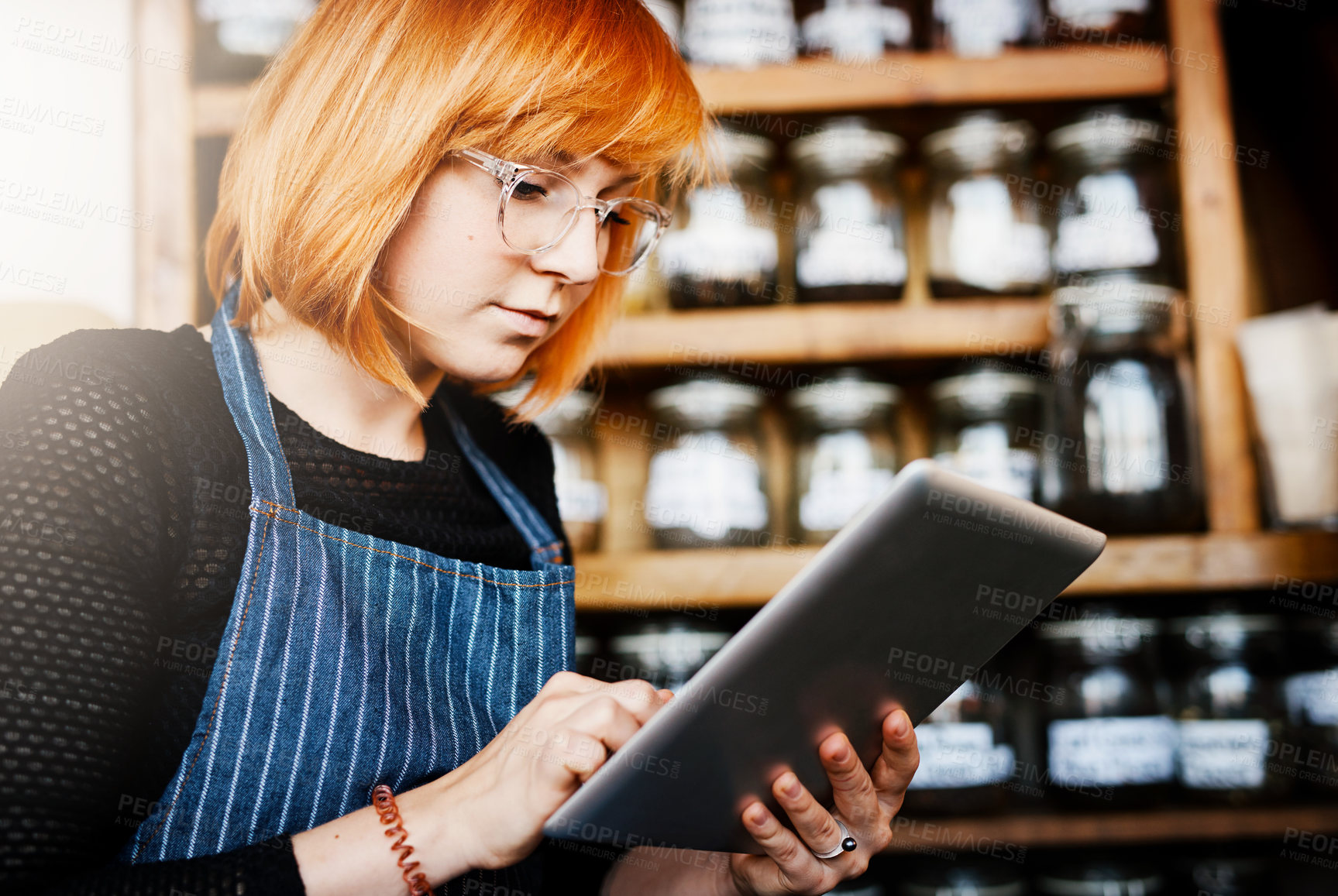 Buy stock photo Business owner, waitress and woman with tablet in cafe for online reviews, coffee sales or update work schedule. Service, restaurant and barista with technology for stock inventory, checklist or menu