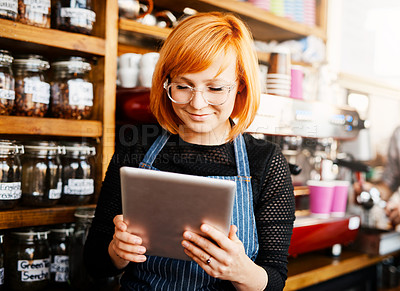 Buy stock photo Barista, woman and tablet for coffee shop review or online order on website in startup cafe. Small business owner, waiter and menu with technology for stock inventory or price checklist in store