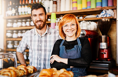 Buy stock photo Portrait, man and woman at coffee shop counter with confidence, smile and partnership for small business owner at restaurant. Entrepreneur, teamwork and happy couple at cafe for service in Ireland