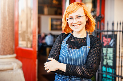 Buy stock photo Portrait, confidence and girl at cafe door with smile, welcome and small business owner at restaurant. Bakery, entrance and happy woman at coffee shop with arms crossed, service and hospitality