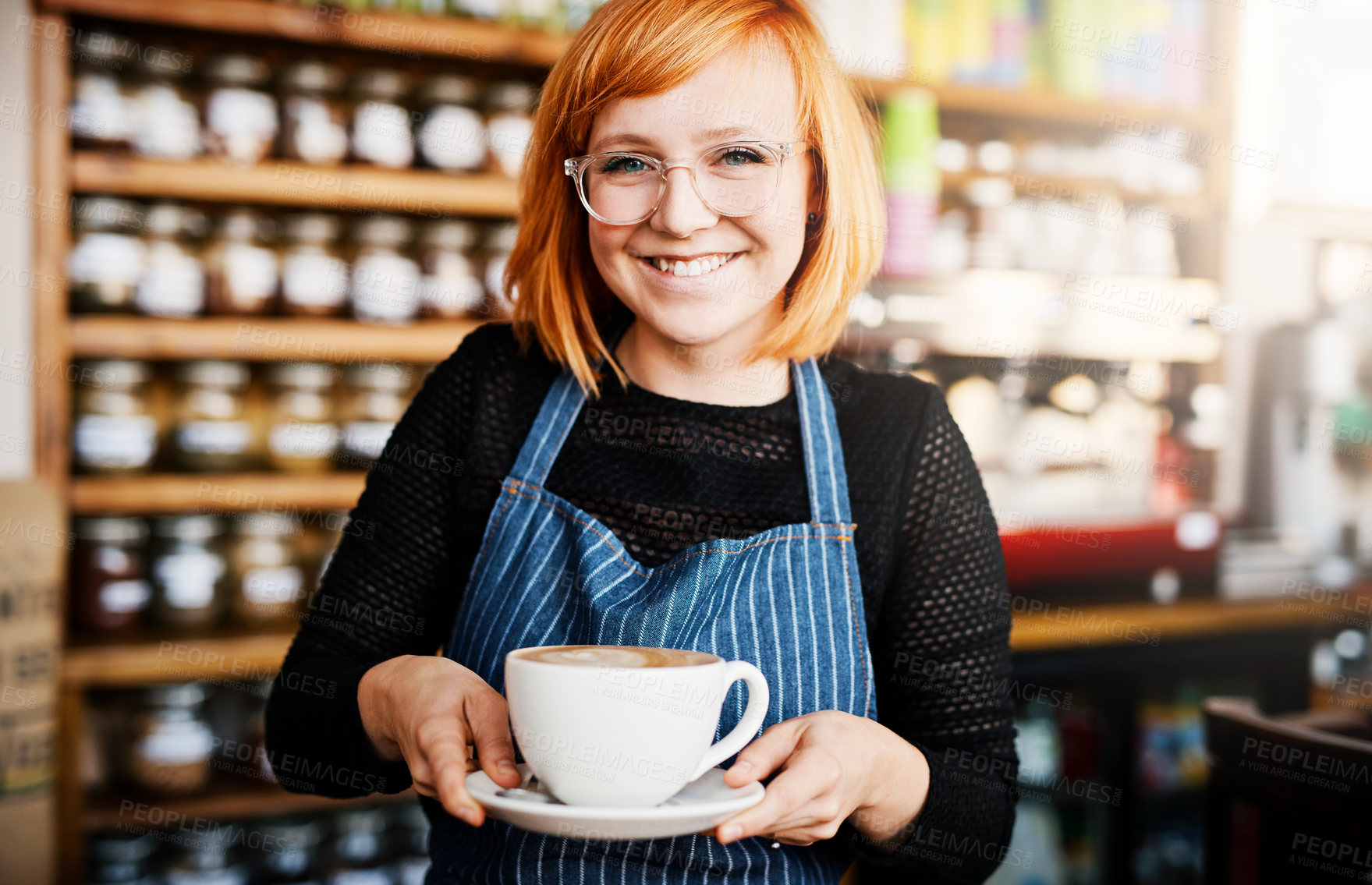 Buy stock photo Portrait, happy woman and barista serve coffee in shop for customer service, hospitality and order. Face, smile and waitress giving cup in cafe to offer latte, espresso and drink in small business