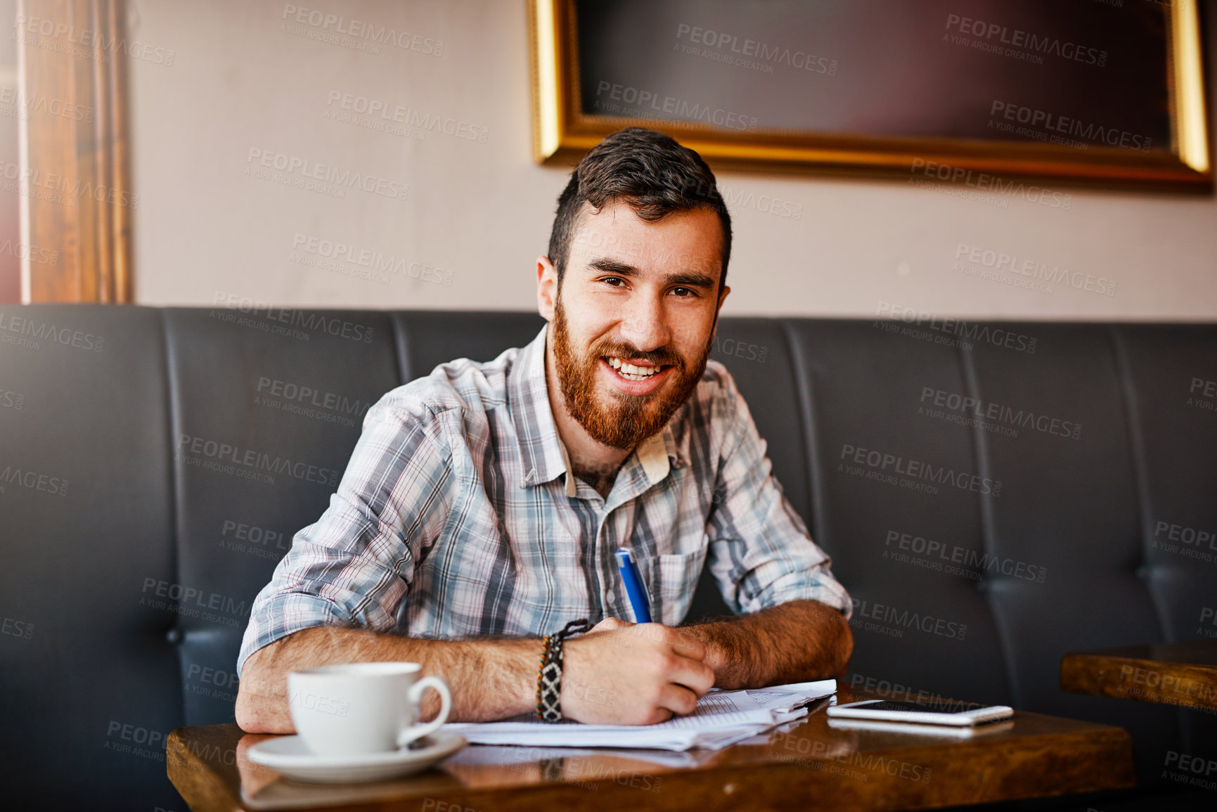 Buy stock photo Portrait, man and owner with documents at cafe for writing finance planning, vendor contract and inventory budget. Person, paperwork and smile with feedback form, sales profit and business growth