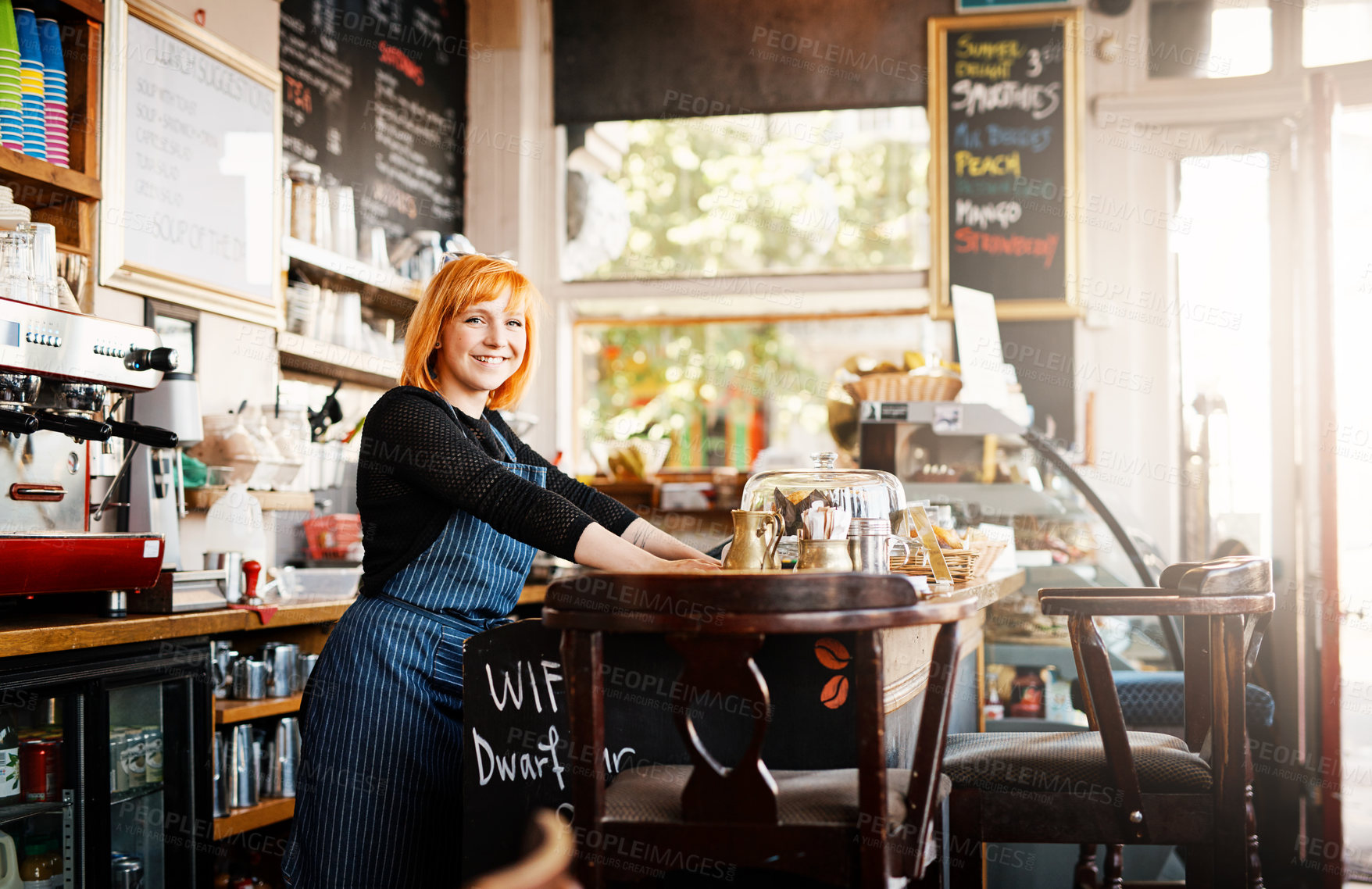 Buy stock photo Portrait, waiter or woman by counter in coffee shop, customer service and cashier working in cafe. Bistro startup, small business and female owner with smile for store management, serving and barista