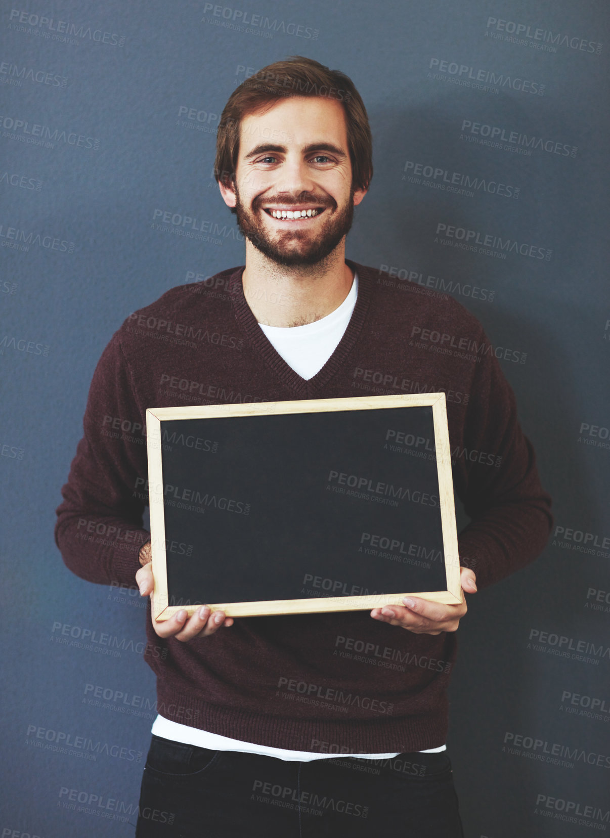 Buy stock photo Happy, portrait and man with chalkboard for mockup space with marketing, promotion or advertising. Smile, career and male teacher from Canada with sign for education isolated by studio background.