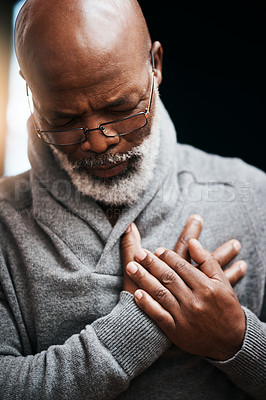 Buy stock photo Hands on chest, heart attack and elderly black man with medical emergency in home. Pain, cardiology and African male person with cardiac arrest, heartburn or stroke, problem or retirement health risk