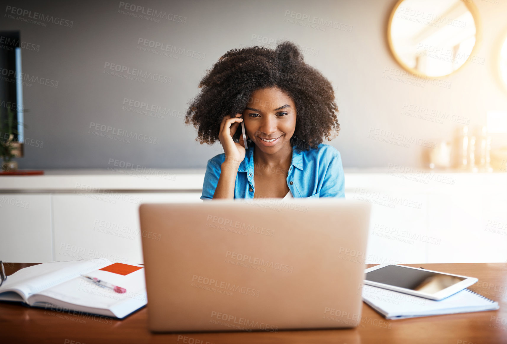 Buy stock photo Woman, business and phone call or listen in home, African entrepreneur and laptop with virtual client chat. Happy, smile and email discussion for startup project, deal negotiation and apartment
