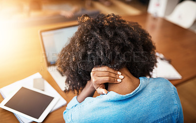 Buy stock photo Back, employee and black woman with neck pain, tired and stretching with stress, massage and overworked. Female person, consultant and agent with spine injury, health issue and medical problems