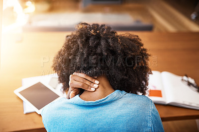 Buy stock photo Back, business and black woman with neck pain, fatigue and stretching with burnout, stress and overworked. Female person, employee or agent with spine injury, accident and emergency with health issue