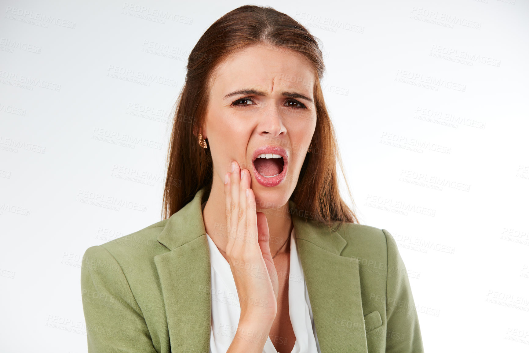 Buy stock photo Studio portrait of a young woman experience tooth ache a grey background