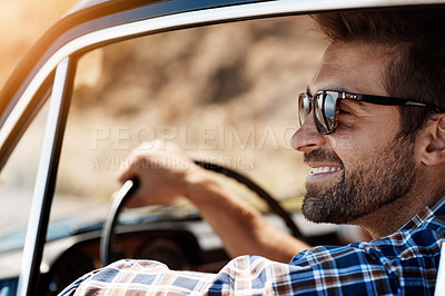 Buy stock photo Road trip, happy and man travel in car driving for adventure, summer vacation and holiday. Transportation, relax and face of male person in motor vehicle for freedom, journey and happiness in window