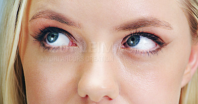 Buy stock photo Closeup of eyes, makeup and woman is thinking for beauty, cosmetics and lashes with mascara. Skin, wellness with insight or memory, vision for cosmetology or eye care, eyelash and eyeliner with POV
