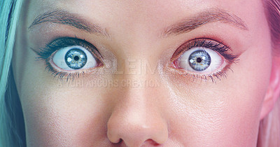Buy stock photo Surprise, optical and blue eyes with natural iris color for long eyelashes with wow expression. Shock, omg and awake woman with vision, sight and eyecare for dilating pupil with genes for optometry.