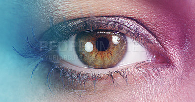 Buy stock photo Closeup of eye, makeup and person with vision for beauty, cosmetics and lashes with mascara, iris or contact lens. Skin, wellness and color for cosmetology with powder or eyeshadow, eyecare and POV