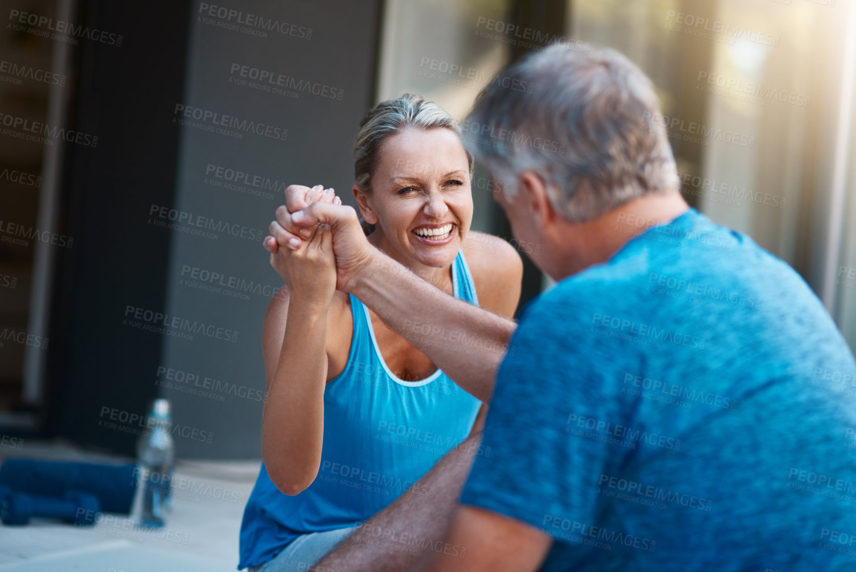 Buy stock photo Mature, couple and congratulations outdoor for yoga, fitness achievement and mutual support for health or wellness. Man, woman and celebration for exercise or motivation for strength and workout.